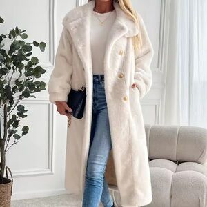 Long Faux Fur Double-Breasted Coat Ivory White NWT Size L Winter